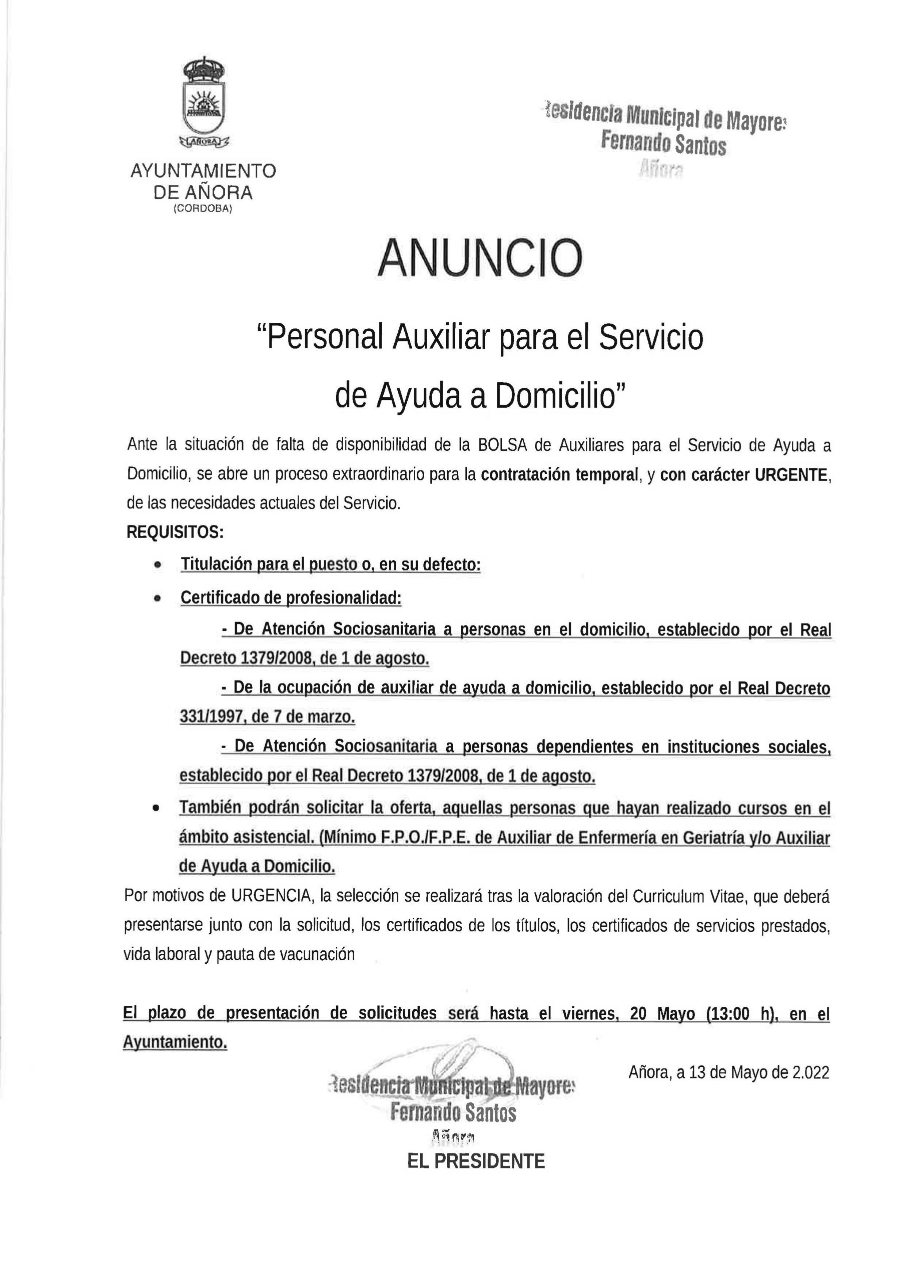 ANUNCIO PERSONAL AUXILIAR PARA EL SERVICIO DE AYUDA A DOMICILIO