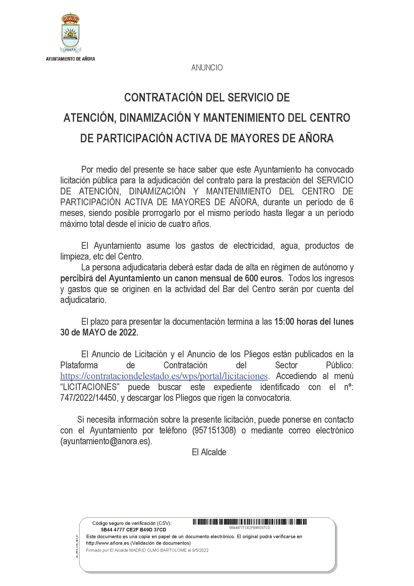 ANUNCIO PRESTACION SERVICIO DEL CENTRO DE PARTICIPACION ACTIVA DE MAYORES DE AÑORA
