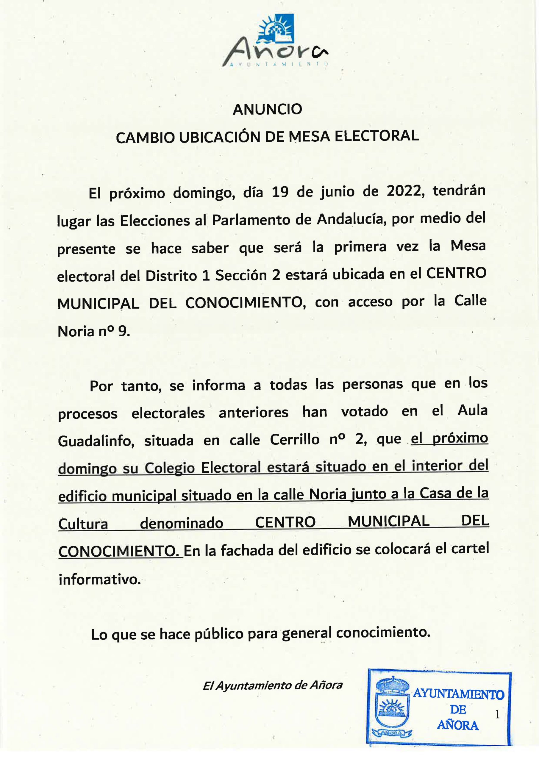 deseo Inmundo garrapata ANUNCIO CAMBIO UBICACION DE MESA ELECTORAL - Ayuntamiento de Añora