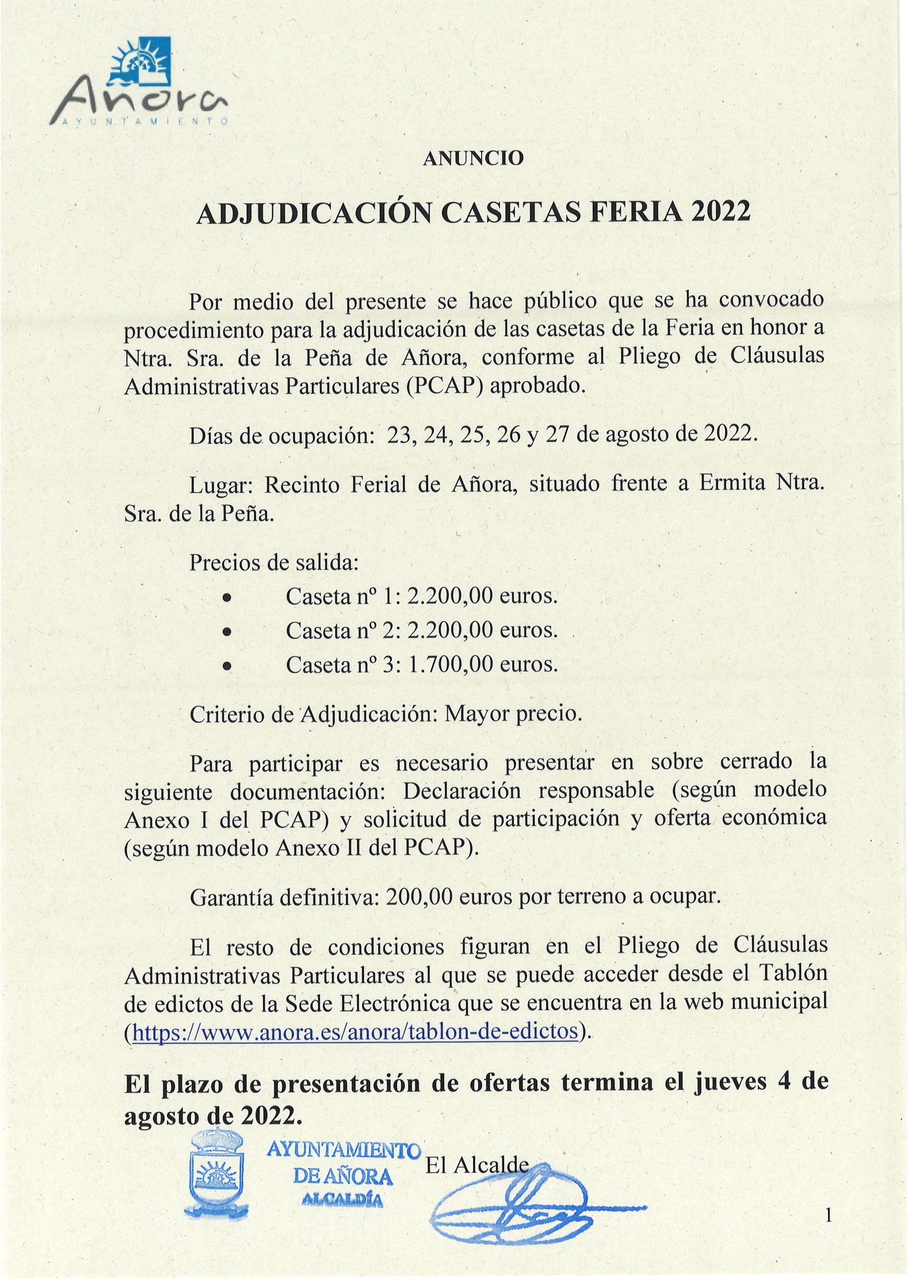 ANUNCIO ADJUDICACION CASETAS DE FERIA 2022