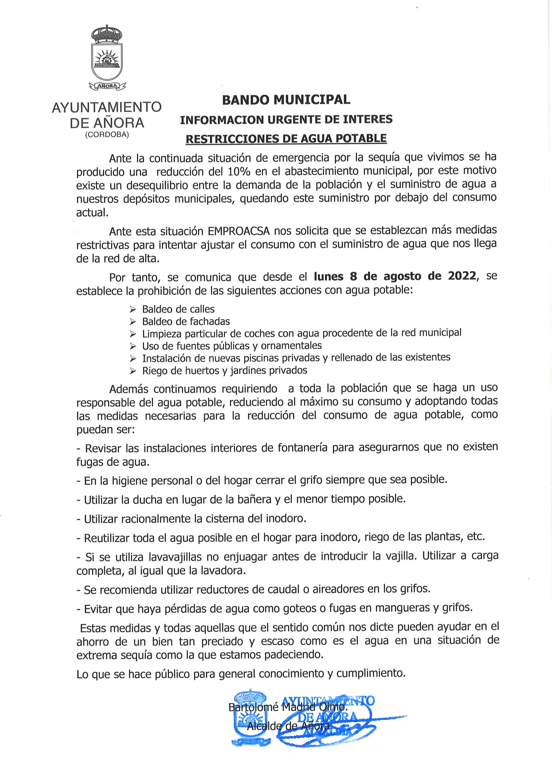 BANDO MUNICIPAL RESTRICCIONES DE AGUA POTABLE