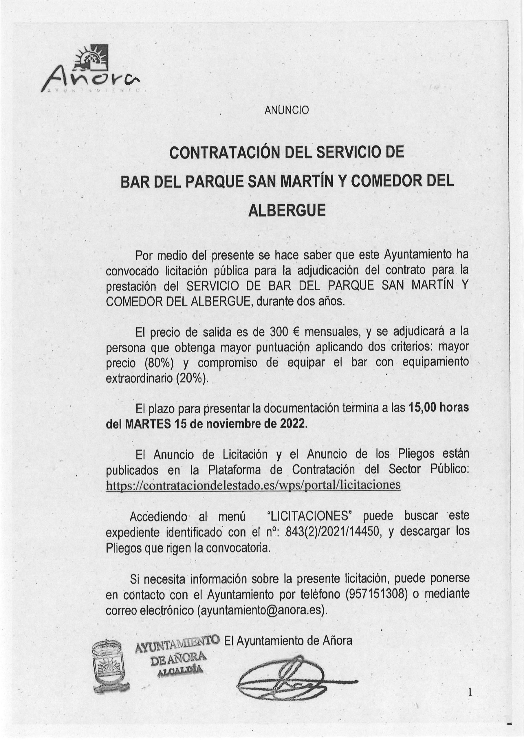 CARTEL CONTRATACION SERVICIO BAR PARQUE SAN MARTIN Y COMEDOR ALBERGUE