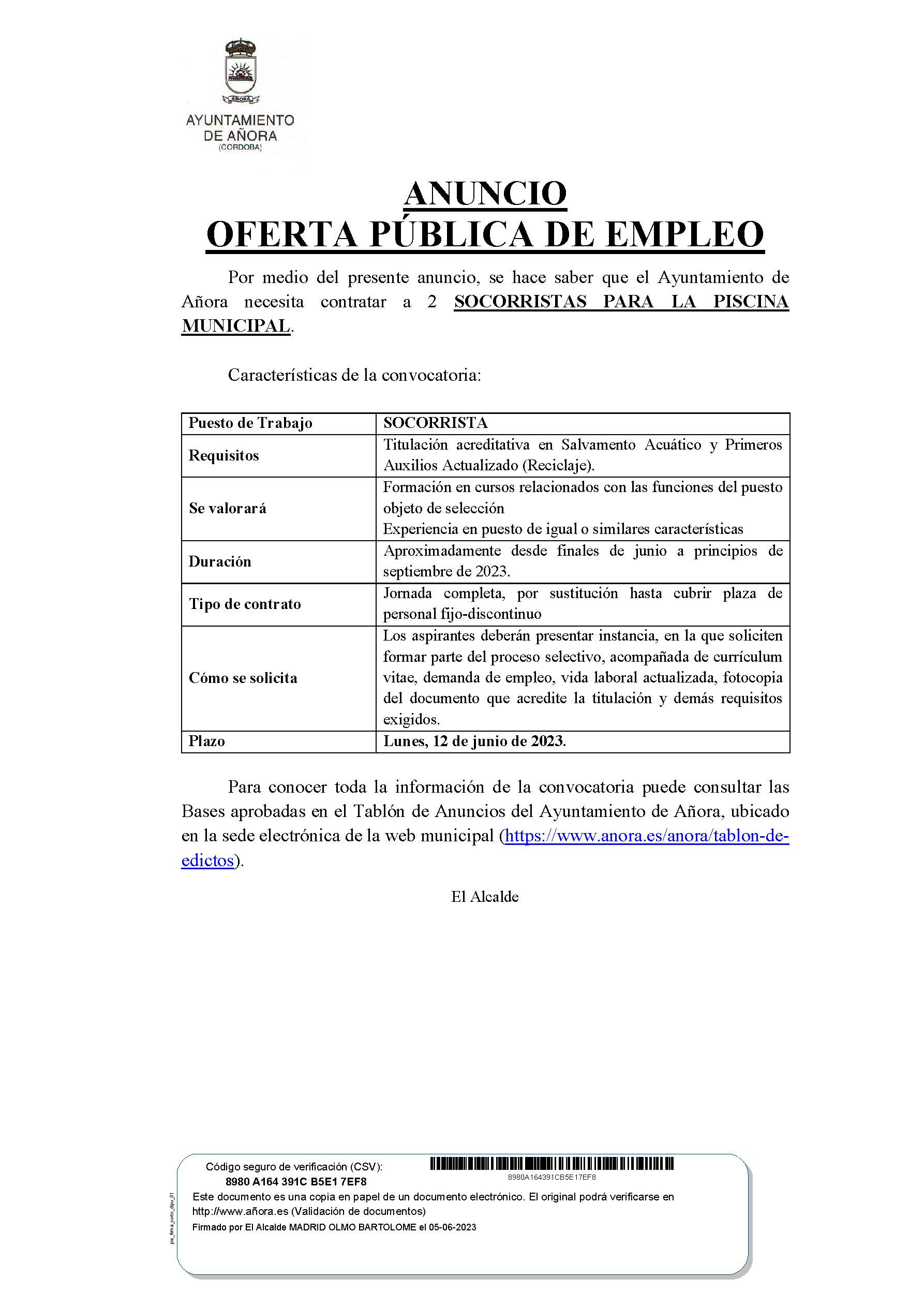 ANUNCIO OFERTA PUBILCA DE EMPLEO DE DOS SOCORRISTAS