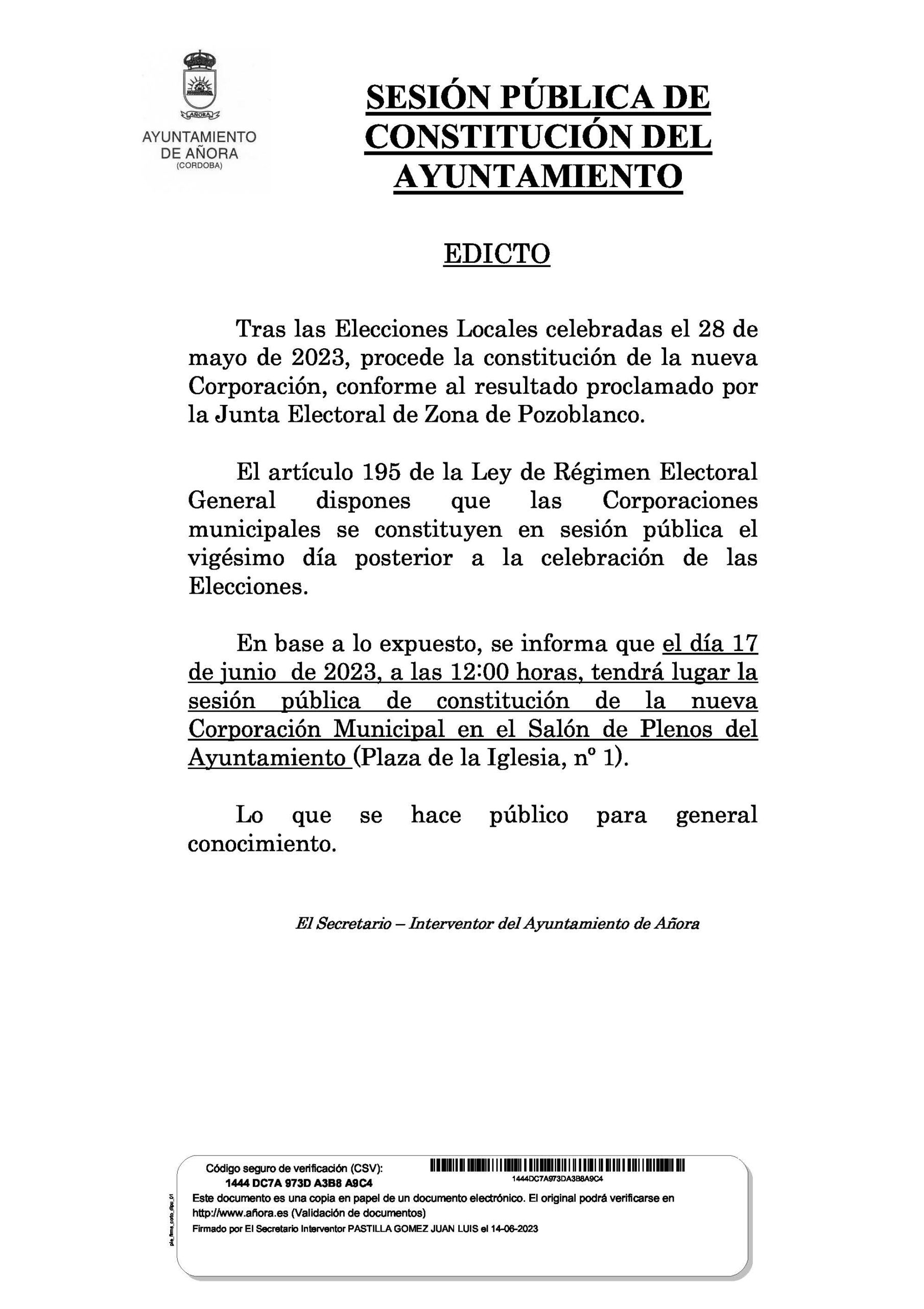 ANUNCIO SESION PUBLICA DE CONSTITUCION DE AYUNTAMIENTO
