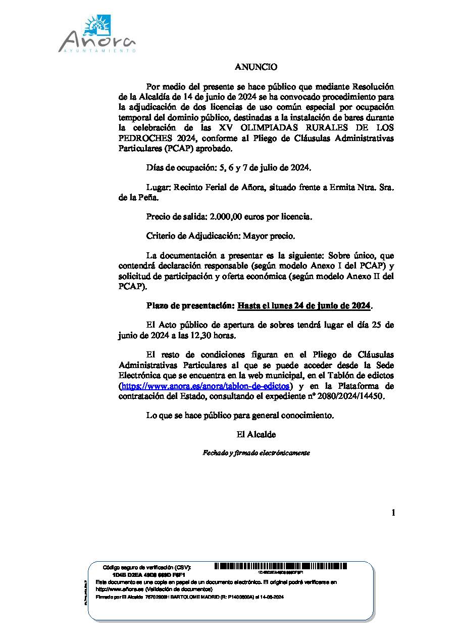 ANUNCIO LICITACION ADJUDICACION CASETAS OLIMPIADAS RURALES 2024