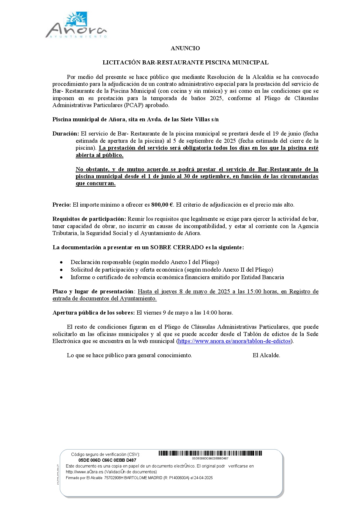 ANUNCIO TABLONES EXPLOTACION BAR PISCINA , TEMPORADA 2025
